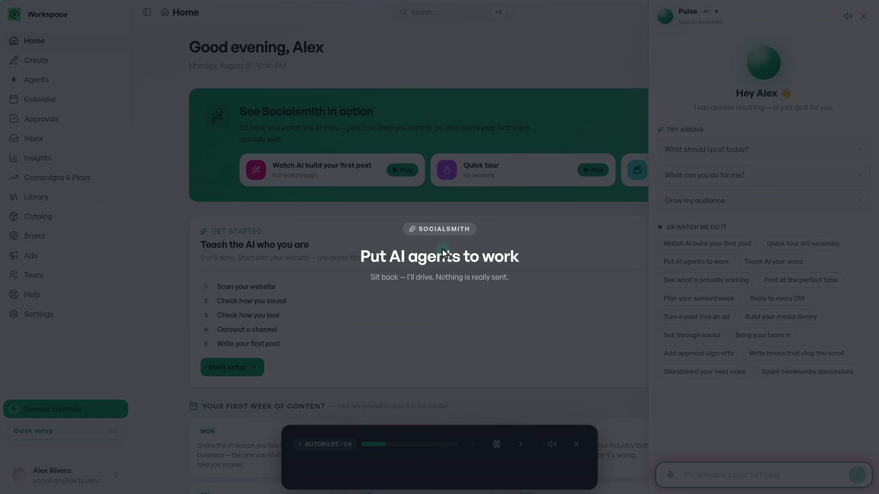 The Socialsmith agents screen: Content Agent and Growth Scout running on a daily schedule with their last runs, above the catalogue of specialist agents