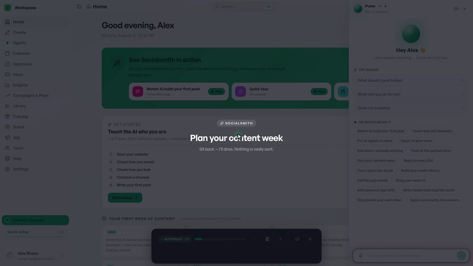 The Socialsmith publishing calendar with eight posts scheduled across the month, switching between month, week, day and list views