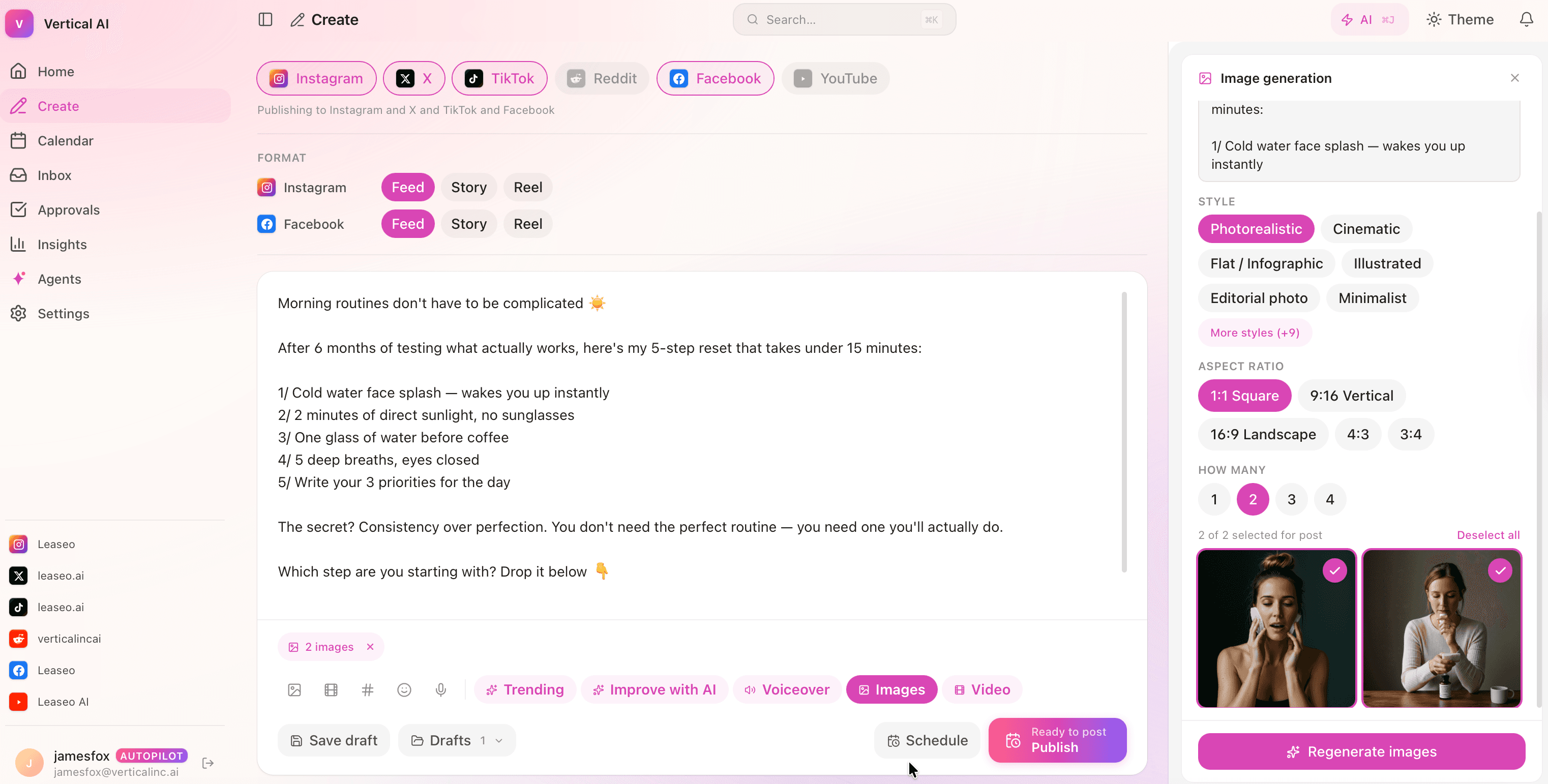 Vertical AI composer with live platform previews