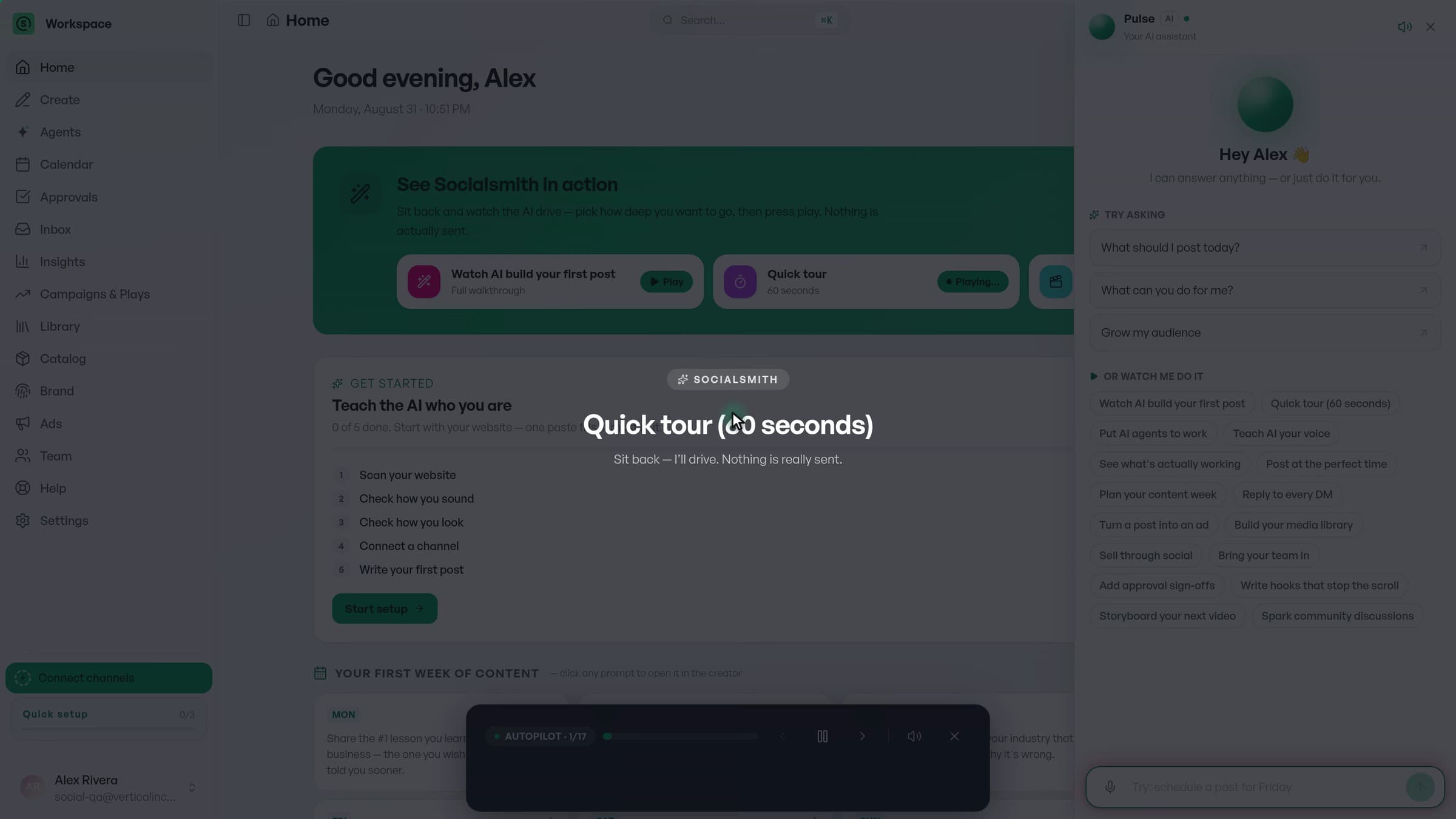 The Socialsmith composer taken end to end: channel and caption, an AI-generated image dropped into the post, the pre-publish review, and publishing to Instagram